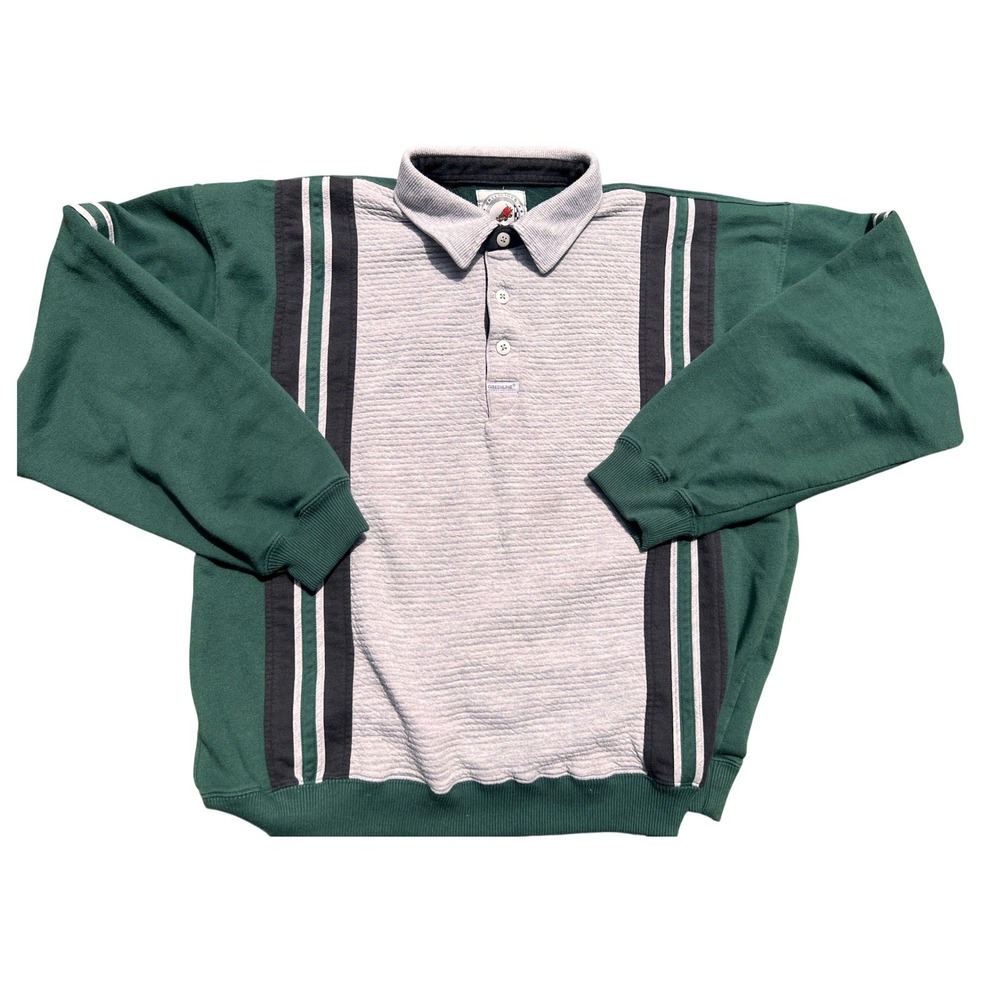 Greenline International Polo Sweatshirt Men XL Green Grey Striped 90 Vintage